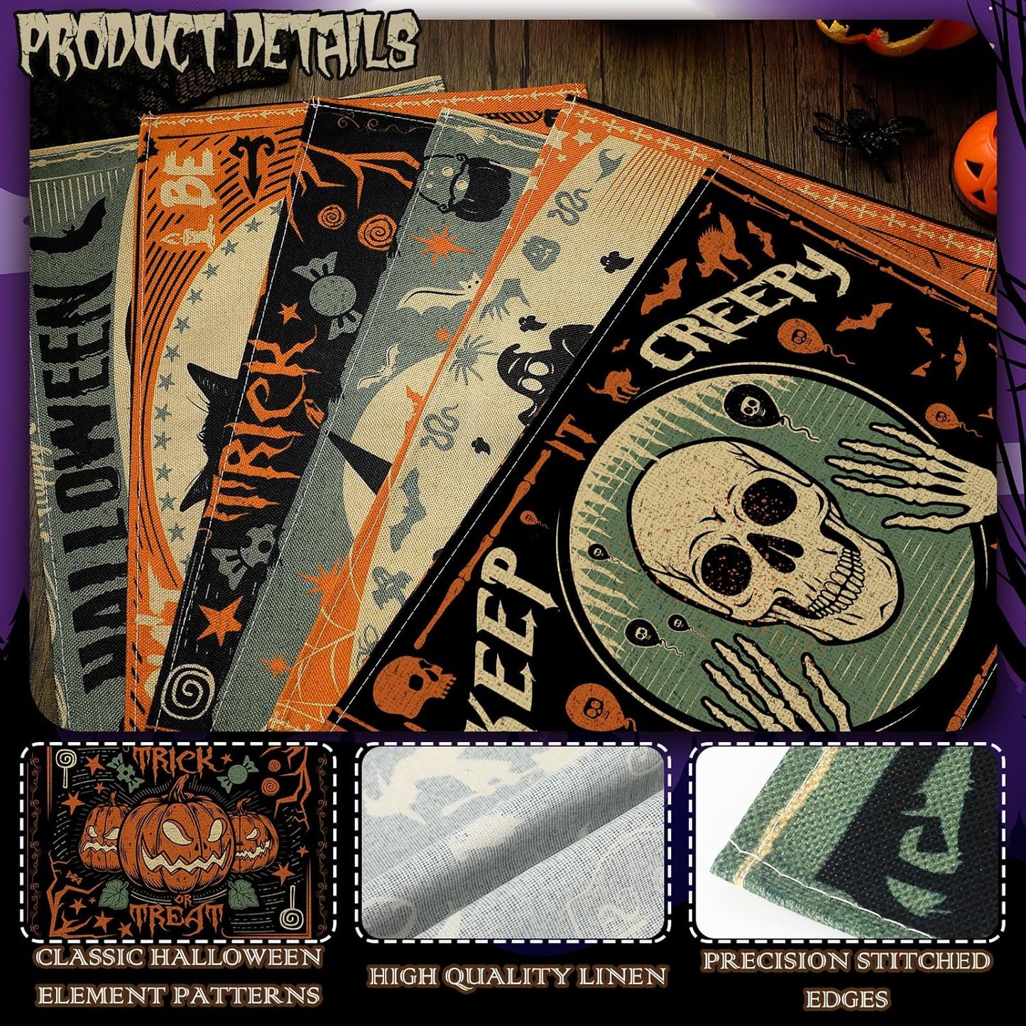 Umigy 6 Pcs Halloween Placemats 12"x18" Gothic Bat Placemats Kitchen Decoration Washable Witch Place Mats Rectangle Skull Table Mats for Halloween Dining Table Accessories(Scary)