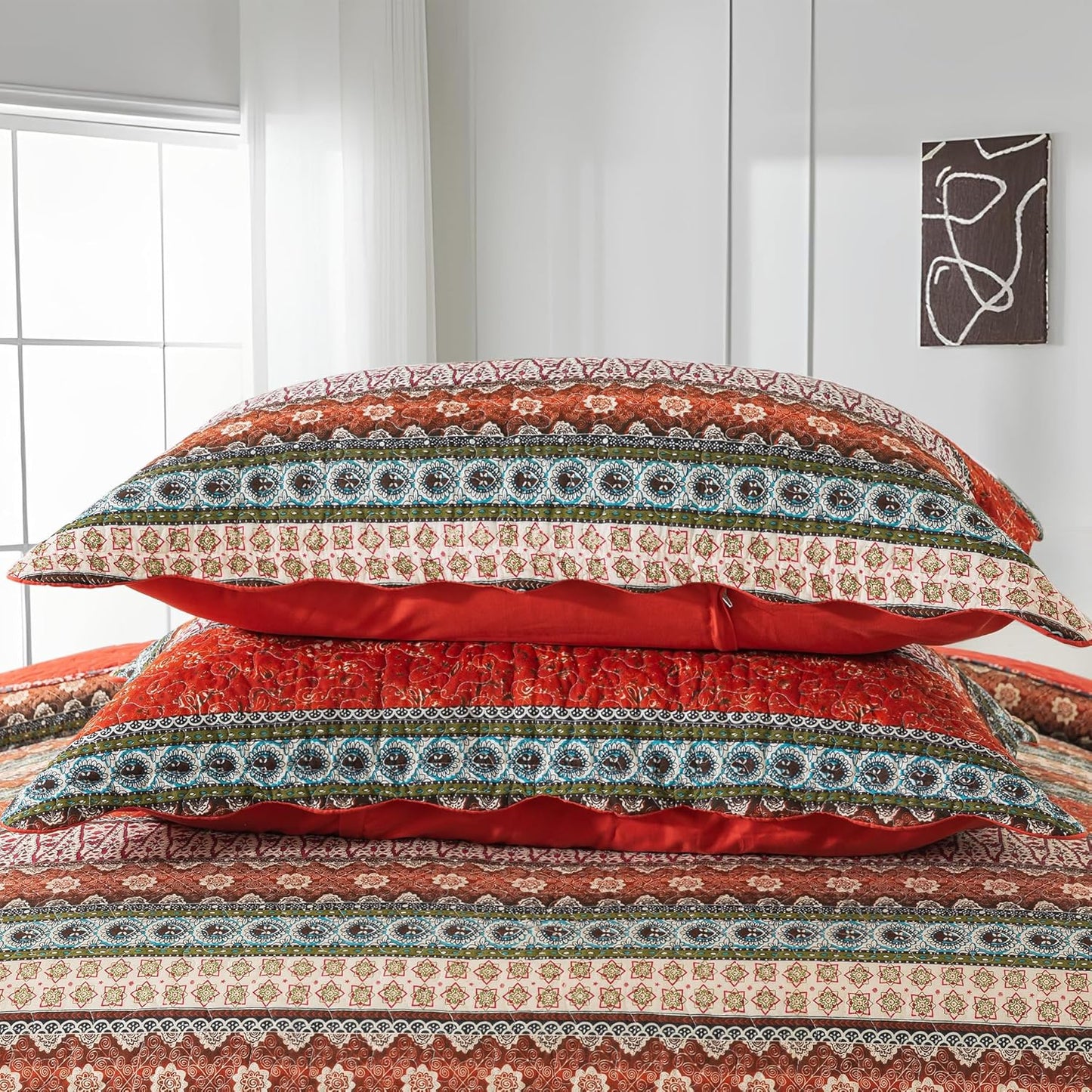 NEWLAKE Cotton Bedspread Quilt Sets - Reversible Patchwork Coverlet Set, Red Striped Jacquard Pattern, California King Size