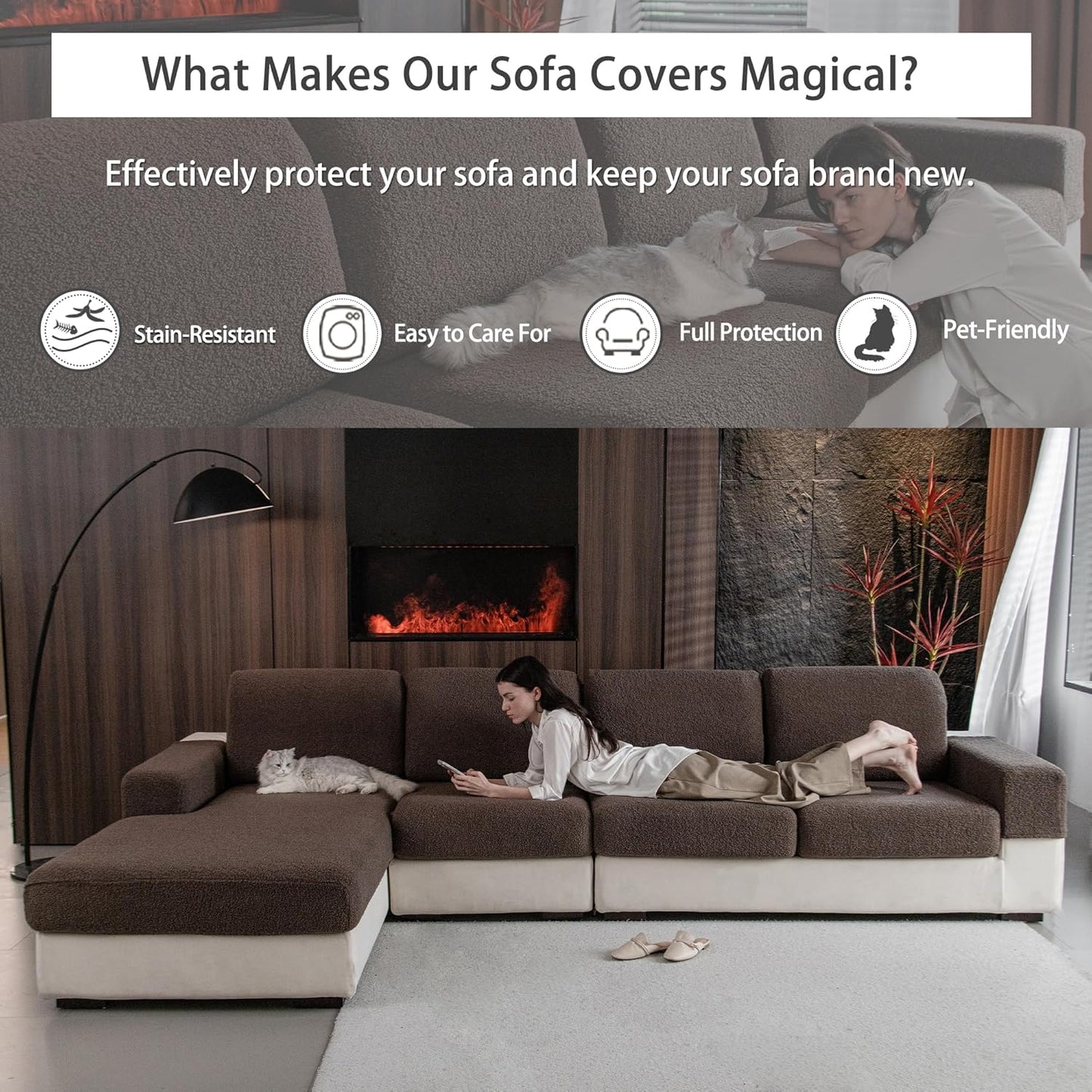 Couch Cushion Covers for Sectional Sofa, Stretch Soft Sofa Slipcovers Washable Wear-Resistant Universal Furniture Protector for Living Room(1 Piece Chaise Cover, Brown)