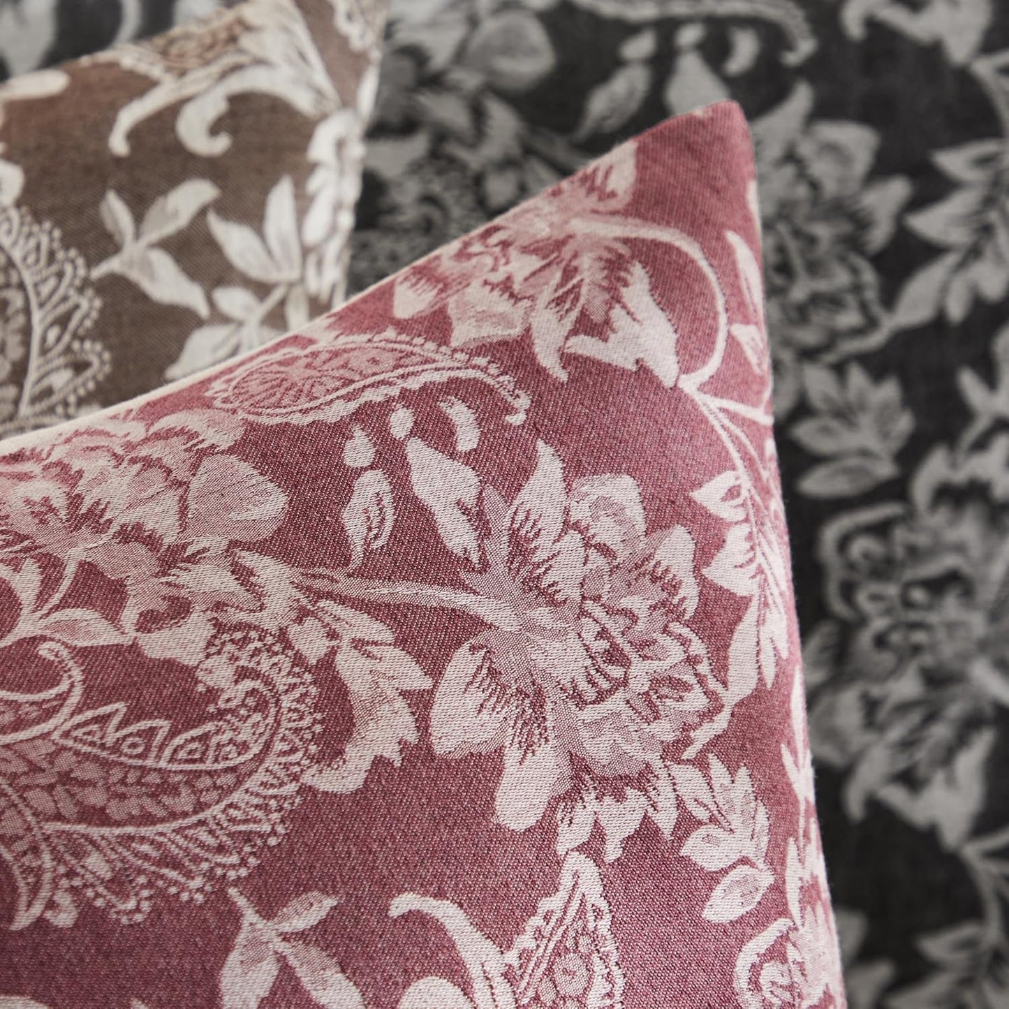 Floral Jacquard Throw Pillow Covers Set of 2, Background/Burgundy 24x24 Inch, Farmhouse Decorative Cotton Burgundy Cushion Covers for Sofa Bed Living Room Home Decor