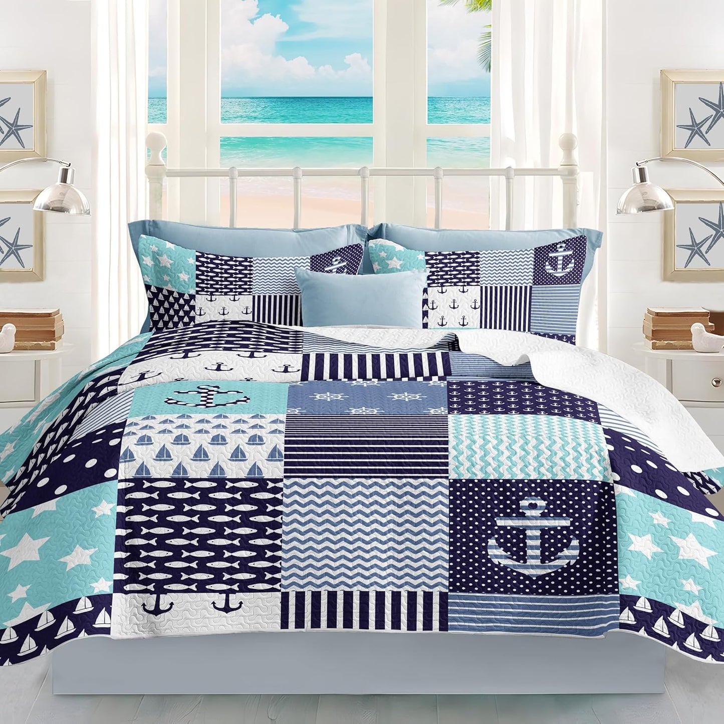 Nautical Bedding Queen Size Coastal Quilt with 2 Shams, Coastal Beach Comforter Sets Ocean Bedspreads Coverlet Summer Bedding, 90''x96''