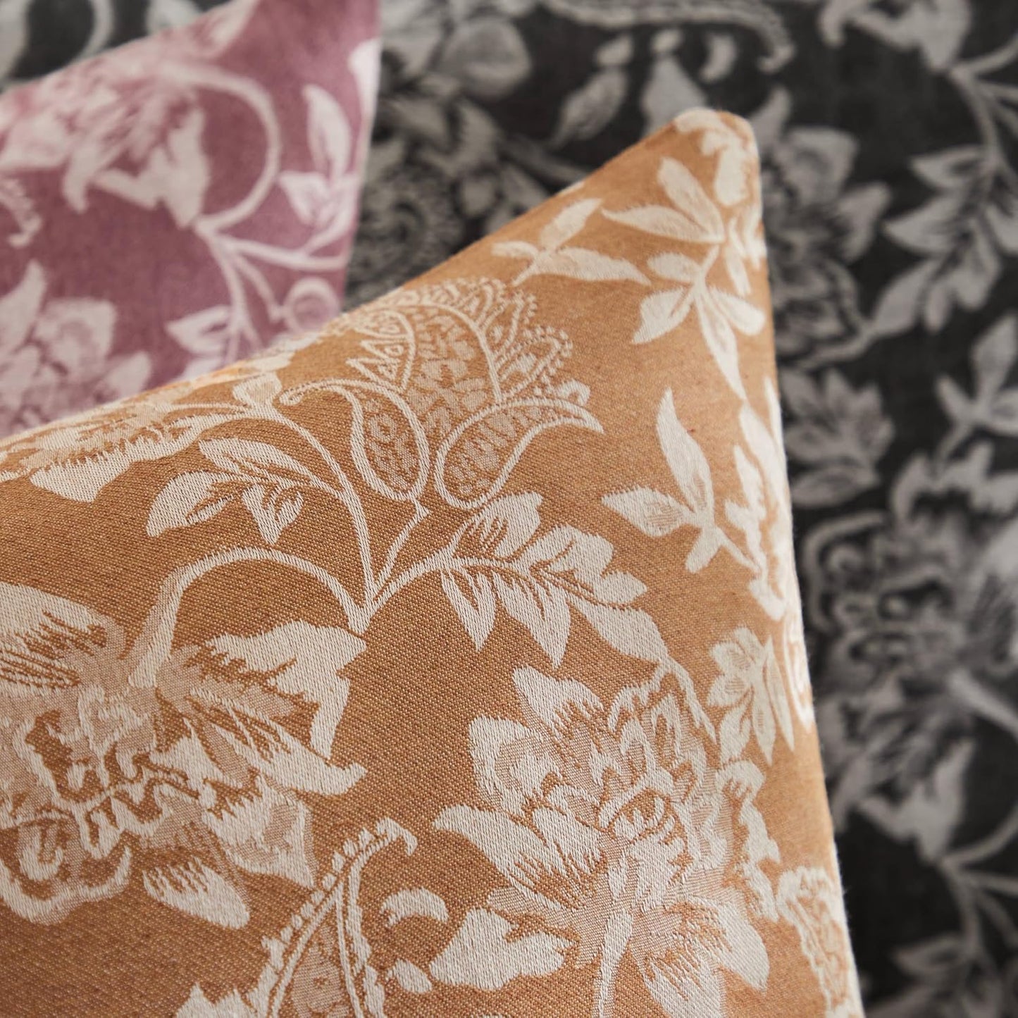 Floral Jacquard Throw Pillow Covers Set of 2, Background/Caramal 16x16 Inch, Farmhouse Decorative Cotton Caramal Cushion Covers for Sofa Bed Living Room Home Decor