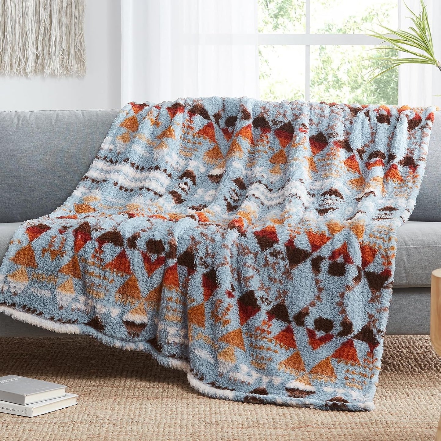 CASAAGUSTO Boho Sherpa Throw Blanket, Aztec Throw Blanket, Ultra Soft, Warm, Cozy, Plush, Thick Fleece Bohemian Blanket for Couch, Bed, Sofa (Blue Grey 50 * 60 Inch)