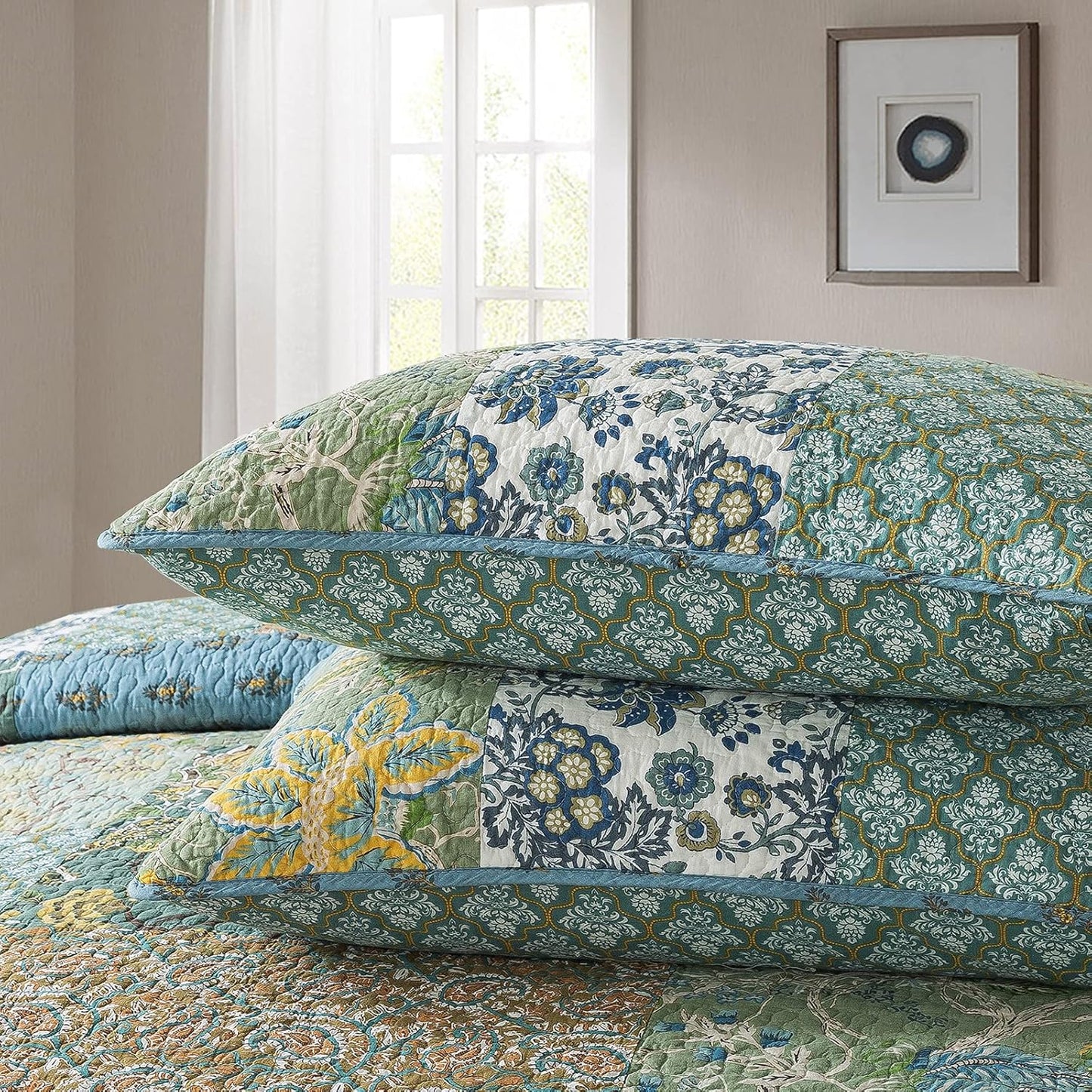 NEWLAKE Cotton Patchwork Bedspread, 3-Piece Bedding Quilt Set with Real Stitched Embroidery, Reversible Matelasse Bed Coverlet Set,Green Farmhouse Garden,Queen Size