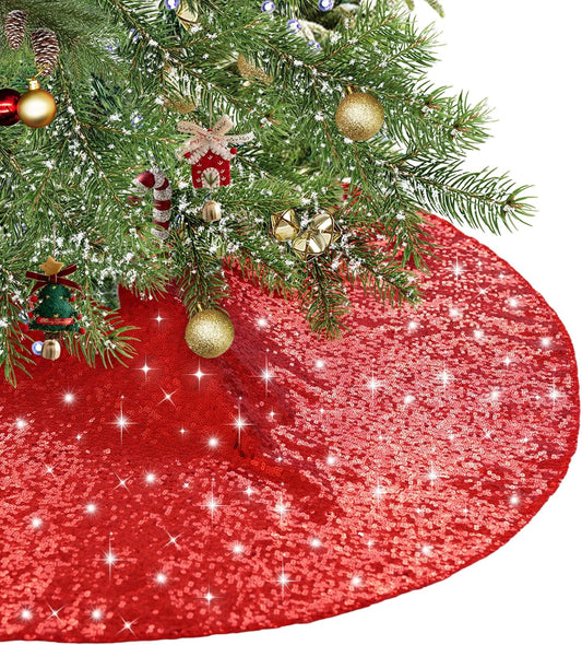 Eternal Beauty Christmas Tree Skirt, 50 Inch Red Sequin Tree Skirt Small Xmas Tree Skirt for Christmas Tree Decorations