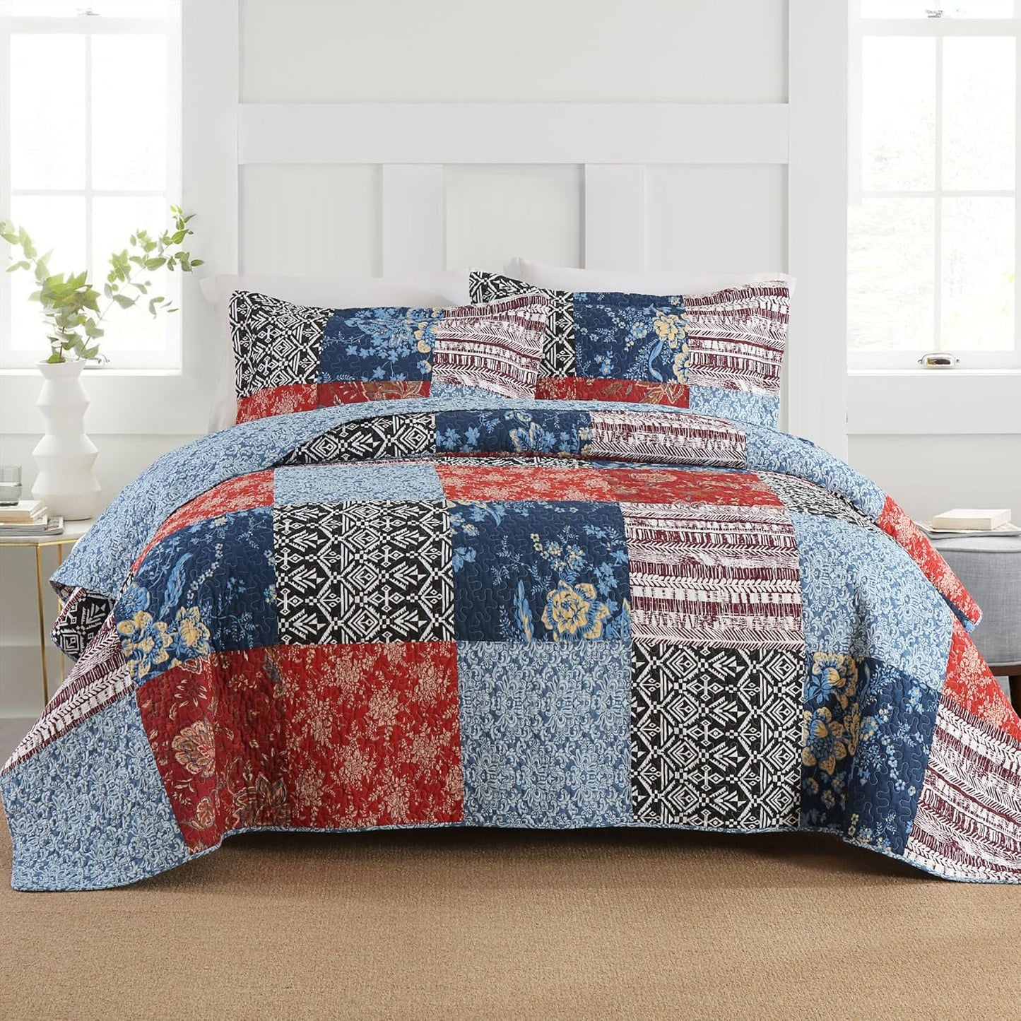 Secgo Queen Comforter Set for Bed - 100% Cotton Quilts Queen Size, Black Bedspreads (90 * 98 Inch) with 2 Pillow Shams, Patchwork Reversible Lightweight Bedding