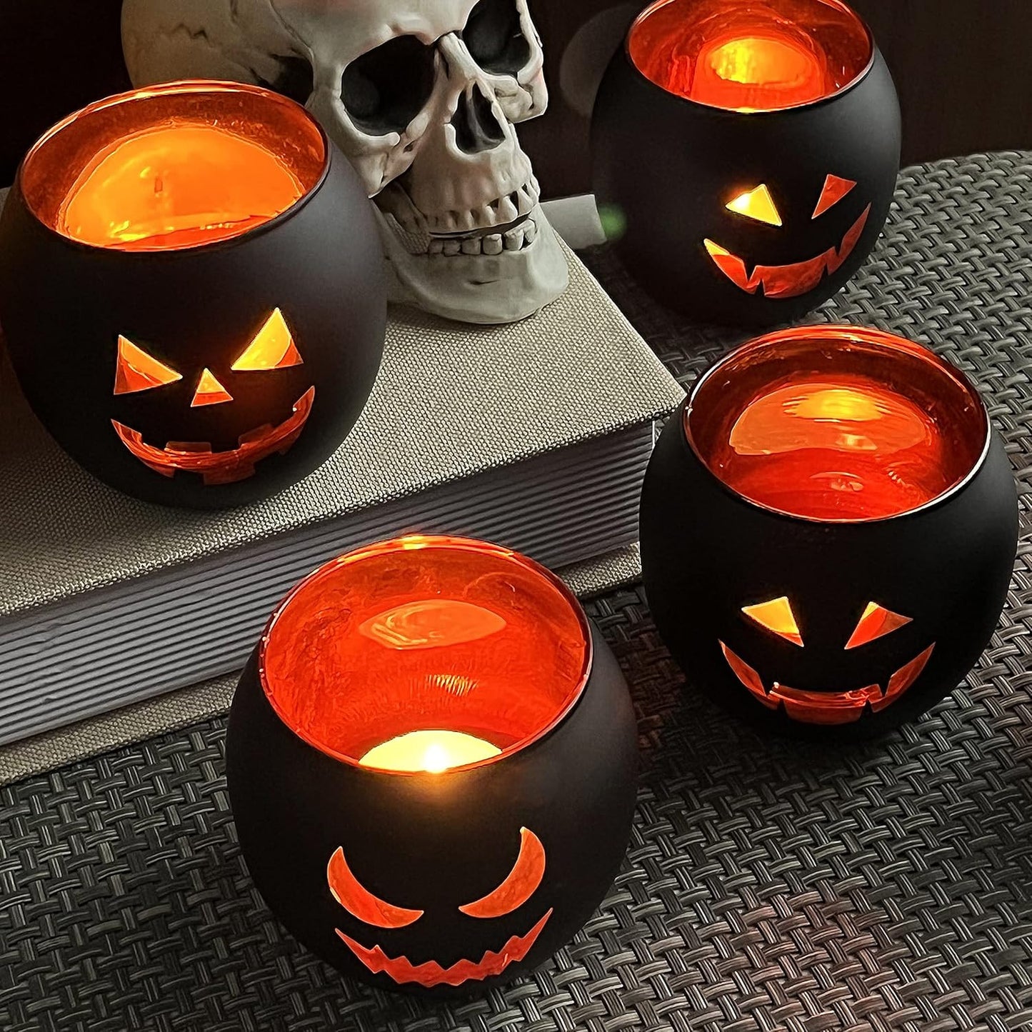 Halloween Table Decor Set of 6, Jack O Lanterns Black Glass Votive Tealight Candle Holders, Halloween Decorations Indoor Party Mantel Coffe Table Centerpiece Decor