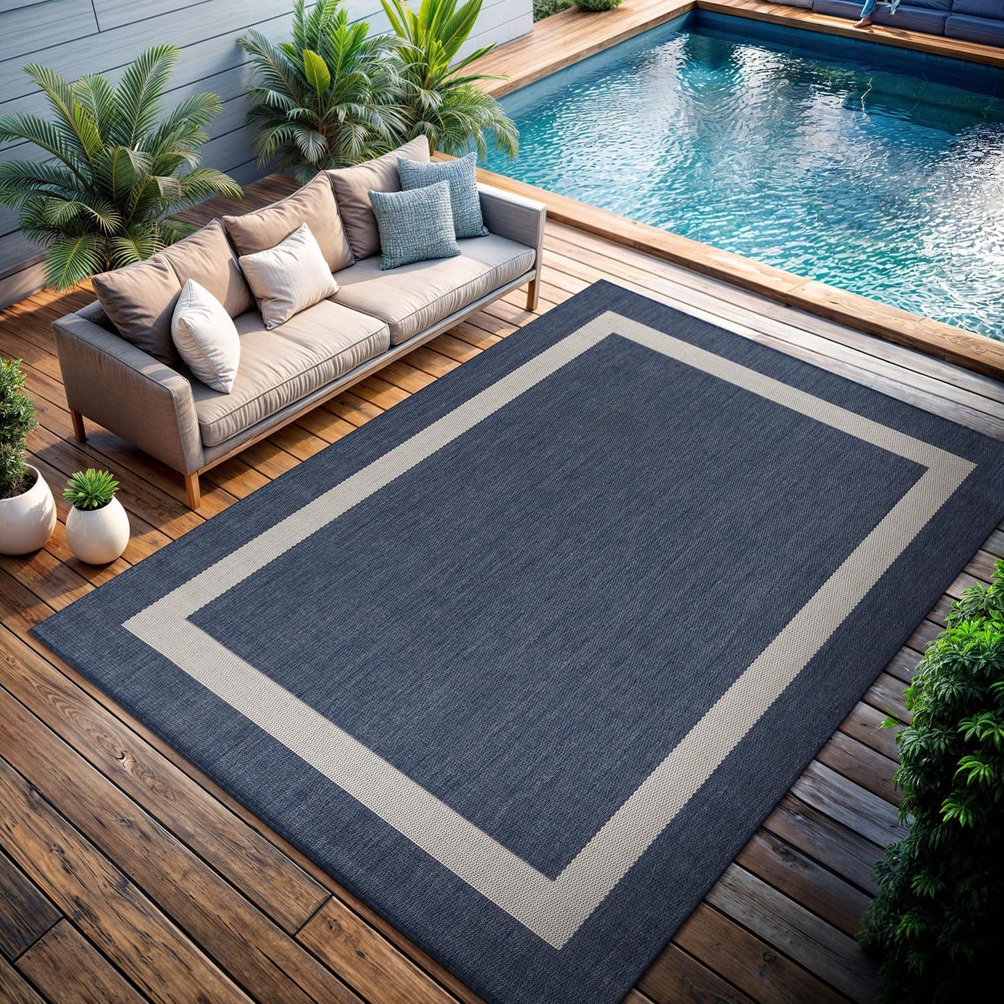 CAMILSON Outdoor Rug 9x12, Large Modern Outside Rugs for Patios Porches Waterproof Durable Washable Non-Shedding, Easy-to-Clean Indoor Outdoor Area Carpet (9 x 12, Bordered - Blue/White)