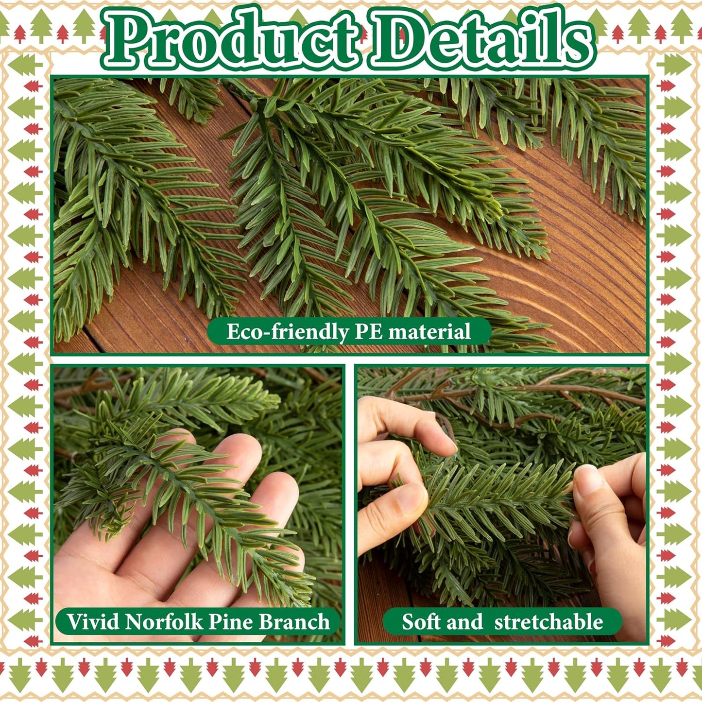 Watayo 2 Pcs Christmas Norfolk Pine Garland, 6 Ft 3 Fork Dense Real Touch Pine Garland Ornament, Realistic Artificial Pines Greenery Garlands for Christmas Holiday Mantle Fireplace Table Home Decor