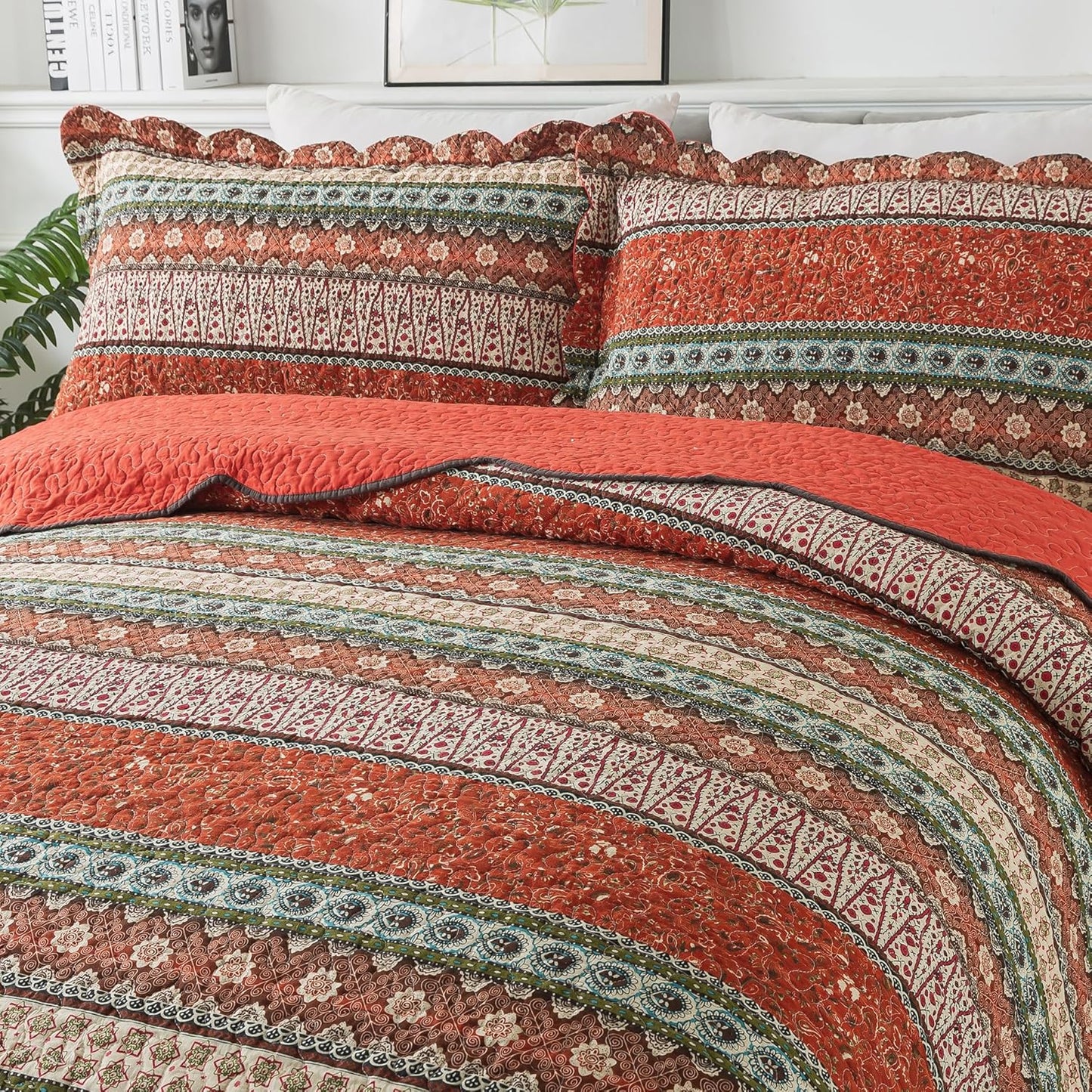 NEWLAKE Cotton Bedspread Quilt Sets - Reversible Patchwork Coverlet Set, Red Striped Jacquard Pattern, Oversized King Size
