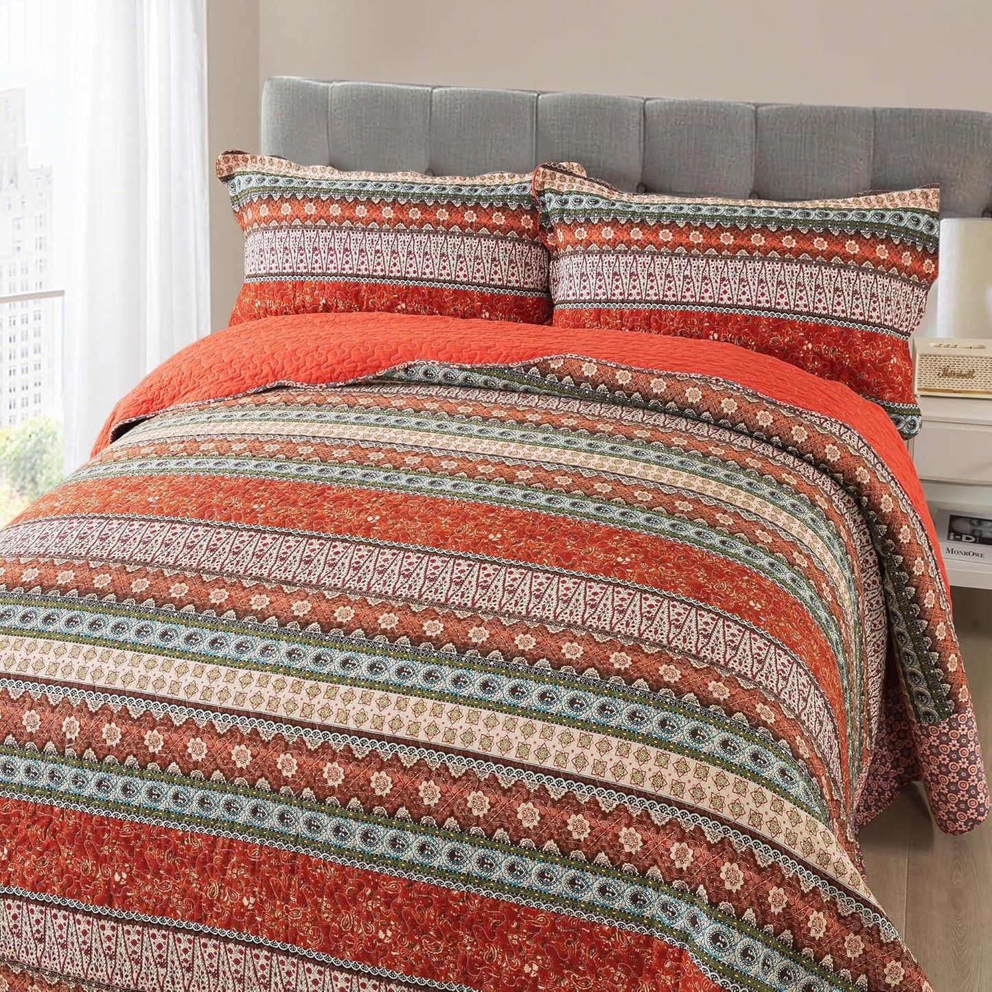 NEWLAKE Cotton Bedspread Quilt Sets - Reversible Patchwork Coverlet Set, Red Striped Jacquard Pattern, California King Size