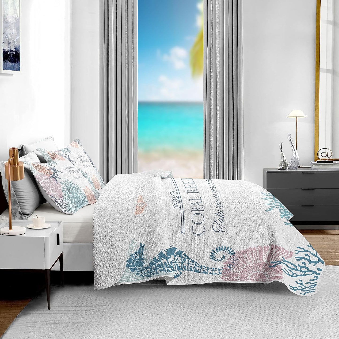 Coastal Bedding King Size 2 Shams, Nautical Beach Comforter Sets Ocean Bedspreads Coastal Coverlet Summer Bedding, 96''x106''