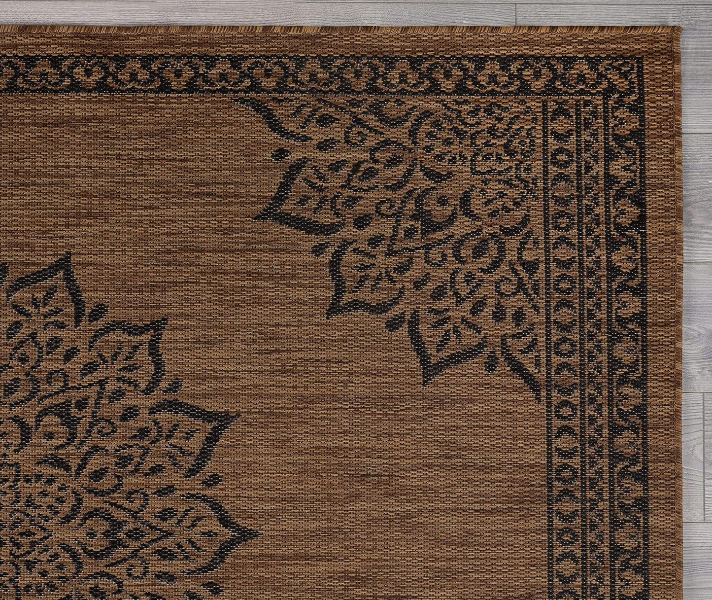 CAMILSON Outdoor Rug, 9x12 Medallion Nut Brown Black Modern Area Rugs for Large Indoor and Outdoor Patios, Kitchen and Hallway Mats, Washable Porch Deck Outside Carpet (Nut Brown Black, 9 x 12)